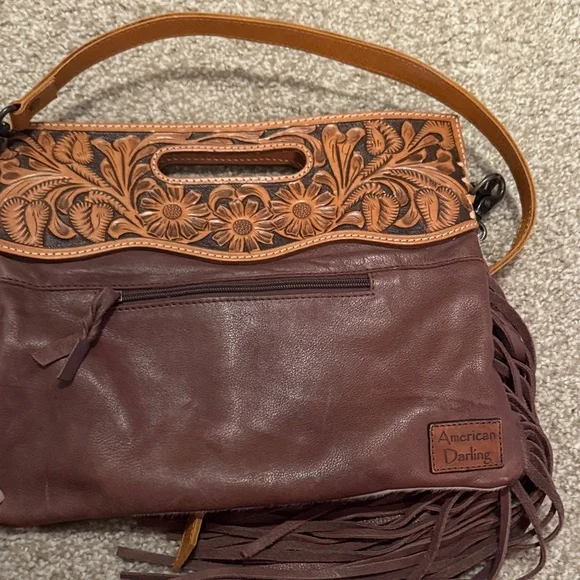 American Darling Tan and Cream Crossbody Bag with Fringe - Picture 7 of 10